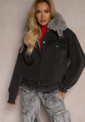 Ciemnoszara Kurtka Jeansowa z Kołnierzem z Futrem i Sprzączkami Senalithra. Szare kurtki Renee, l, bez wzorów, z bawełny, eleganckie, bez kaptura. W wyprzedaży za 146.99 zł.