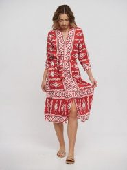 BLE Sukienka w kolorze czerwonym rozmiar: onesize. Czerwone sukienki BLE, bez wzorów, z tkaniny, bez kołnierzyka, bez ramiączek, midi, rozkloszowane. Za 123.25 zł.