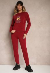 Bordowy Ocieplany Komplet Dresowy z Bawełny Zdobiony Cyrkoniami Bluza i Spodnie z Gumką Nelionis. Czerwone bluzy Renee, m, z aplikacjami, z bawełny, eleganckie, bez ramiączek, bez kaptura. W wyprzedaży za 79.99 zł.
