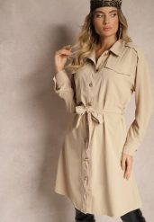 Beżowa Sukienka o Koszulowym Kroju z Paskiem i Eleganckimi Guzikami Torlina. Brązowe sukienki Renee, do pracy, l, bez wzorów, biznesowe, bez kołnierzyka, bez ramiączek, midi, koszulowe. W wyprzedaży za 107.99 zł.