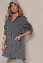 Szara Kurtka Parka z Kapturem i Regulowanymi Troczkami Isalene. Szare kurtki Renee, l, bez wzorów, z jeansu, eleganckie, z kapturem. W wyprzedaży za 127.99 zł.