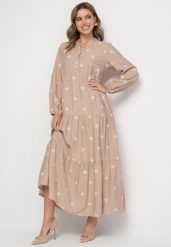 Beżowa Sukienka z Wiskozy o Rozkloszowanym Kroju z Ozdobnym Haftem Nalariel. Brązowe sukienki Born2be, l, z aplikacjami, z jeansu, eleganckie, bez kołnierzyka, bez ramiączek, maxi, rozkloszowane. W wyprzedaży za 127.49 zł.