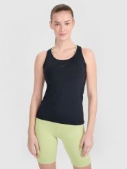 4F Top treningowy slim szybkoschnący damski - czarny XS. Czarne topy 4f, uniwersalny, bez wzorów, z elastanu, na fitness i siłownię. Za 69.99 zł.