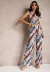 Granatowo-Beżowe Siateczkowe Spodnie Szerokie High Waist Mandiore. Niebieskie jeansy Renee, l, bez wzorów, z jeansu, eleganckie, z podwyższonym stanem. W wyprzedaży za 62.99 zł.