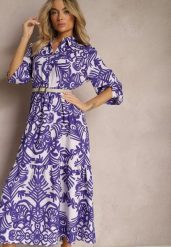Fioletowa Rozkloszowana Sukienka Długa z Falbanką w Ornamentalny Print Naraoda. Fioletowe sukienki Renee, l, bez wzorów, z materiału, bez kołnierzyka, bez ramiączek, maxi, rozkloszowane. W wyprzedaży za 75.99 zł.