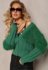 Ciemnozielony Kardigan z Włochatą Dzianiną Przy Dekolcie i Rękawach Saccina. Zielone swetry Renee, bez wzorów, z dzianiny, bez ramiączek. Za 89.99 zł.