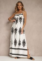 Biała Rozkloszowana Sukienka na Ramiączkach w Ornamentalny Print Reveleine. Białe sukienki Renee, na co dzień, l, z aplikacjami, bez kołnierzyka, bez ramiączek, maxi, dopasowane. W wyprzedaży za 63.99 zł.