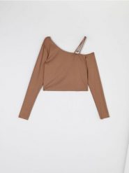 Bluzka - beżowy. Brązowe bluzki Sinsay, l, bez wzorów, prążkowane, bez kołnierzyka, bez ramiączek. Za 45.99 zł.