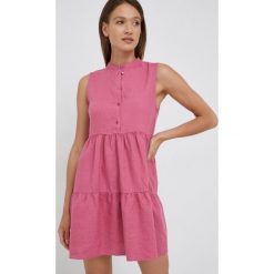 Sisley sukienka lniana kolor fioletowy mini rozkloszowana. Fioletowe sukienki Sisley, bez wzorów, z tkaniny, bez kołnierzyka, bez ramiączek, mini, rozkloszowane. W wyprzedaży za 239.99 zł.