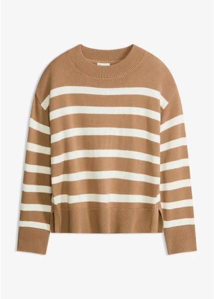 Sweter oversize z mieszanki bawełny. Brązowe swetry bonprix, bez wzorów, z bawełny, bez ramiączek. Za 64.99 zł.