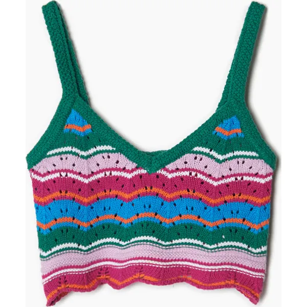 Dzianinowy top w paski - Zielony. Zielone topy Cropp, l, bez wzorów, z bawełny, bez kołnierzyka, bez ramiączek. W wyprzedaży za 19.99 zł.