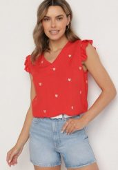 Czerwona Bluzka Top z Wiskozy bez Rękawów z Falbankami w Haftowane Serduszka Taella. Czerwone topy Born2be, m, bez wzorów, z wiskozy, bez kołnierzyka, bez ramiączek. W wyprzedaży za 46.74 zł.