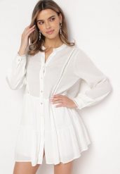 Biała Koszulowa Sukienka w Stylu Boho z Rozkloszowanym Dołem Liorda. Białe sukienki Born2be, l, bez wzorów, boho, bez kołnierzyka, bez ramiączek, mini, koszulowe. W wyprzedaży za 90.99 zł.