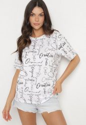 Biały T-shirt Oversize z Bawełny Zdobiony Nadrukiem Sinelra. Białe t-shirty Born2be, m, z aplikacjami, z bawełny, eleganckie, bez kołnierzyka, bez ramiączek. W wyprzedaży za 38.24 zł.