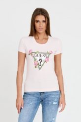 GUESS Różowy t-shirt Floral Triangle Tee. Czerwone t-shirty Guess, s, z aplikacjami, bez kołnierzyka, bez ramiączek. W wyprzedaży za 163.99 zł.