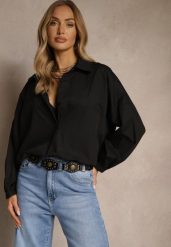 Czarna Klasyczna Koszula z Bawełny Meleldi. Czarne koszule Renee, m, bez wzorów, z bawełny, eleganckie, bez kołnierzyka, bez ramiączek. W wyprzedaży za 69.99 zł.