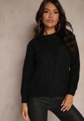 Czarny Sweter z Bawełną Ozdobiony Tłoczeniem Savariella. Czarne swetry Renee, bez wzorów, z bawełny, casualowe, bez ramiączek. W wyprzedaży za 55.99 zł.
