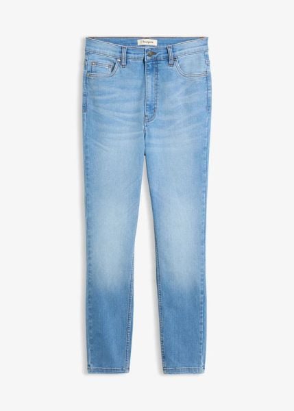 Jeansy skinny, high waist, cropped. Niebieskie jeansy bonprix, bez wzorów, z jeansu, z podwyższonym stanem. Za 99.99 zł.