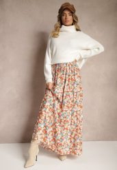 Pomarańczowa Bawełniana Spódnica Maxi z Troczkiem i Printem w Kwiaty Yibji. Brązowe spódnice Renee, l, bez wzorów, z bawełny, boho, maxi, rozkloszowane. W wyprzedaży za 47.99 zł.