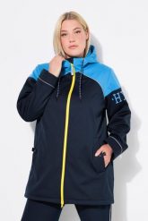 Damskie Długa kurtka softshell hydrofobowa 2-kierunkowy zamek błyskawiczny. Niebieskie kurtki Ulla Popken, m, bez wzorów, z materiału, z kapturem. Za 599.99 zł.