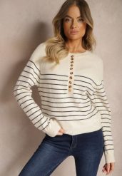 Beżowo-Niebieski Sweter z Wiskozą w Poziome Paski z Guzikami przy Dekolcie Irivoni. Brązowe swetry Renee, m, bez wzorów, z jeansu, casualowe, bez ramiączek. W wyprzedaży za 79.99 zł.