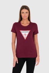 GUESS Bordowy t-shirt Original Tee. Czerwone t-shirty Guess, s, z aplikacjami, z bawełny, bez kołnierzyka, bez ramiączek. W wyprzedaży za 100.99 zł.