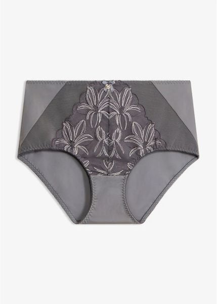 Figi modelujące z delikatnym haftem. Szare bielizna modelująca bonprix, bez wzorów. Za 49.99 zł.