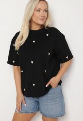 Czarny Bawełniany T-shirt Zdobiony Haftem w Kształcie Serc Naloree. Czarne t-shirty Born2be, l, z aplikacjami, z bawełny, eleganckie, bez kołnierzyka, bez ramiączek. W wyprzedaży za 63.74 zł.