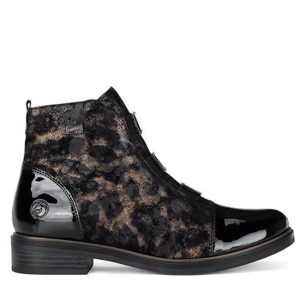 Trzewiki Remonte. Czarne botki Remonte, bez wzorów, bez obcasa, na płaskiej podeszwie, bez zapięcia. Za 359.00 zł.