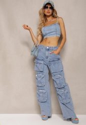 Niebieskie Spodnie High Waist z Prostymi Nogawkami i Ozdobnymi Kieszeniami Quliana. Niebieskie jeansy Renee, l, bez wzorów, z jeansu, eleganckie, z podwyższonym stanem. W wyprzedaży za 119.99 zł.