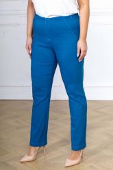 Spodnie Nilda z prostą nogawką INDYGO wysoki stan PLUS SIZE XXL. Niebieskie spodnie materiałowe Nasi partnerzy, bez wzorów, z elastanu, biznesowe, z podwyższonym stanem, krótkie. Za 159.90 zł.