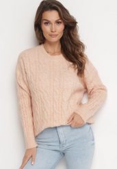 Jasnopomarańczowy Sweter Ozdobiony Klasycznym Splotem Lacemisa. Brązowe swetry Born2be, bez wzorów, z dzianiny, klasyczne, bez ramiączek. W wyprzedaży za 76.49 zł.