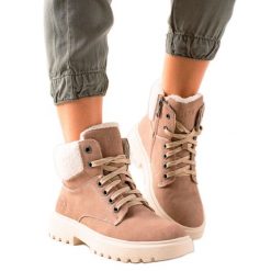 Stylowe Traperki Z Eko Skóry beżowy. Brązowe botki bez wzorów, ze skóry, eleganckie, bez obcasa, bez zapięcia. Za 231.50 zł.