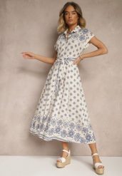 Beżowo-Niebieska Wiskozowa Sukienka w Kwiaty o Koszulowym Kroju z Wiązanym Paskiem Iffiana. Niebieskie sukienki Renee, na imprezę, l, bez wzorów, z wiskozy, eleganckie, bez kołnierzyka, bez ramiączek, midi, koszulowe. W wyprzedaży za 111.99 zł.