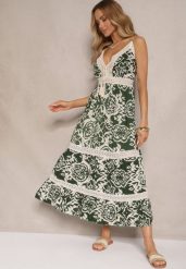 Zielona Sukienka z Bawełny o Rozkloszowanym Kroju w Etniczny Print Taliraya. Zielone sukienki Renee, na co dzień, l, bez wzorów, z bawełny, bez kołnierzyka, bez ramiączek, midi, rozkloszowane. W wyprzedaży za 55.99 zł.