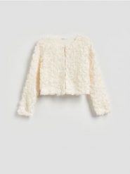 Marynarka z kwiatowym motywem - biały. Białe marynarki i żakiety Reserved, l, bez wzorów, z dzianiny, bez ramiączek. Za 139.99 zł.