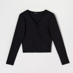 Bluzka z długimi rękawami - Czarny. Czarne bluzki Sinsay, l, bez wzorów, bez kołnierzyka, bez ramiączek. Za 45.99 zł.