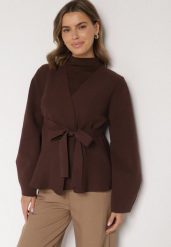 Brązowy Kardigan z Wiskozą i Wiązaniem w Pasie Tusvela. Brązowe swetry Born2be, bez wzorów, z jeansu, bez ramiączek. Za 119.99 zł.