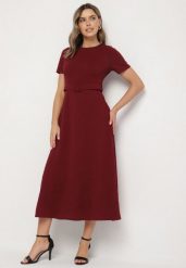 Bordowa Rozkloszowana Sukienka Ozdobiona Paskiem Desianna. Czerwone sukienki Born2be, na co dzień, m, bez wzorów, eleganckie, bez kołnierzyka, bez ramiączek, maxi, rozkloszowane. W wyprzedaży za 84.99 zł.