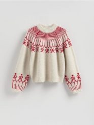 Wzorzysty sweter - beżowy. Brązowe swetry Reserved, l, bez wzorów, z dzianiny, bez ramiączek. Za 139.99 zł.