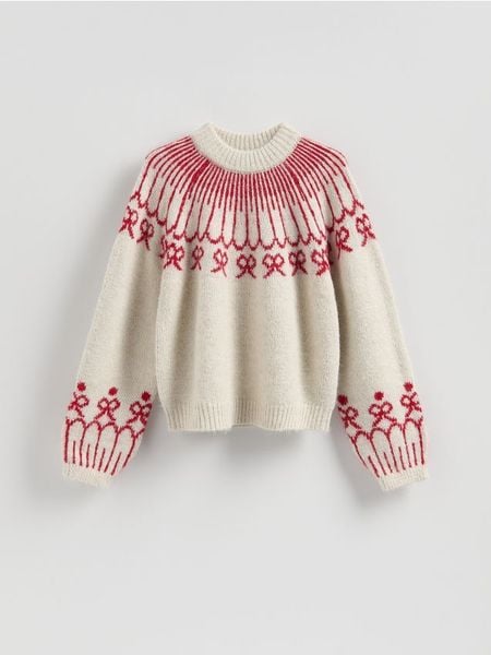 Wzorzysty sweter - beżowy. Brązowe swetry Reserved, l, bez wzorów, z dzianiny, bez ramiączek. Za 139.99 zł.