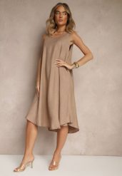 Ciemnobeżowa Basicowa Sukienka o Rozkloszowanym Kroju Mevolira. Brązowe sukienki Renee, na co dzień, l, bez wzorów, eleganckie, bez kołnierzyka, bez ramiączek, midi, rozkloszowane. W wyprzedaży za 47.99 zł.