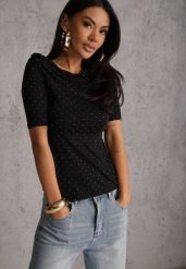 Czarna Bluzka z Dekoltem Typu Łódka Ozdobiona Cyrkoniami Neaninna. Czarne bluzki Renee, m, bez wzorów, z jeansu, eleganckie, bez kołnierzyka, bez ramiączek. Za 59.99 zł.