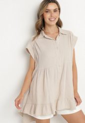 Beżowa Koszula Ozdobiona Falbanką Novelissa. Brązowe koszule Born2be, bez wzorów, z jeansu, eleganckie, bez kołnierzyka, bez ramiączek. Za 119.99 zł.