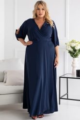 Sukienka wieczorowa zwiewna wiązana w pasie long DRAGONA granatowa. Czerwone sukienki KARKO, na imprezę, m, bez wzorów, z elastanu, eleganckie, bez kołnierzyka, bez ramiączek, maxi, kopertowe. Za 359.50 zł.