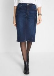 Spódnica high-waist ze stretchem i wygodnym paskiem. Niebieskie spódnice bonprix, bez wzorów, wyszczuplające. Za 129.99 zł.