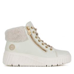 Botki Rieker. Białe botki Rieker, bez wzorów, bez obcasa, na koturnie, bez zapięcia. Za 272.99 zł.