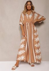 Brązowa Sukienka Taliowana z Bawełny z Gumką w Pasie Rivaq. Brązowe sukienki Renee, na imprezę, l, bez wzorów, z bawełny, eleganckie, bez kołnierzyka, bez ramiączek, maxi, dopasowane. W wyprzedaży za 83.99 zł.