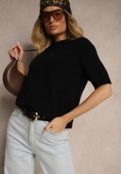 Czarny Sweter o Fasonie T-shirtu z Wełną Dannirae. Czarne swetry Renee, bez wzorów, z jeansu, casualowe, bez ramiączek. W wyprzedaży za 119.99 zł.