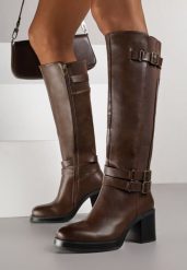 Brązowe Kozaki na Słupku Zdobione Paskami z Klamrami i Elastyczną Wstawką Unelisa. Brązowe kozaki Born2be, z aplikacjami, z jeansu, biznesowe, bez obcasa, na obcasie, bez zapięcia. Za 209.99 zł.